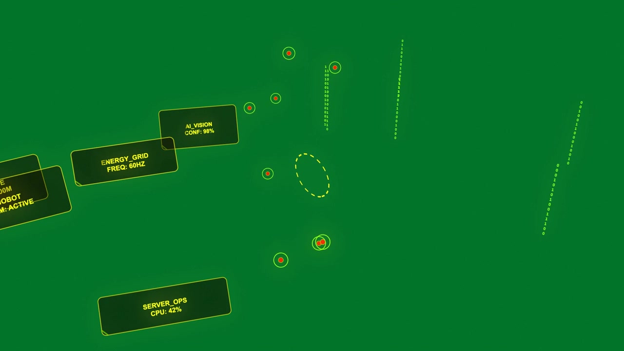 Transparent HUD floating, dashed target appearing, nodes pulsing, columns flickering for monitoring