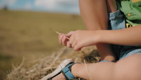 primer plano de las piernas de un niño pequeño descansando en una bala de heno en el campo, usando sandalias casuales, el niño sostiene un pequeño pedazo de hierba, disfrutando de un día de verano pacífico y cálido en un campo rural bajo un cielo azul brillante
