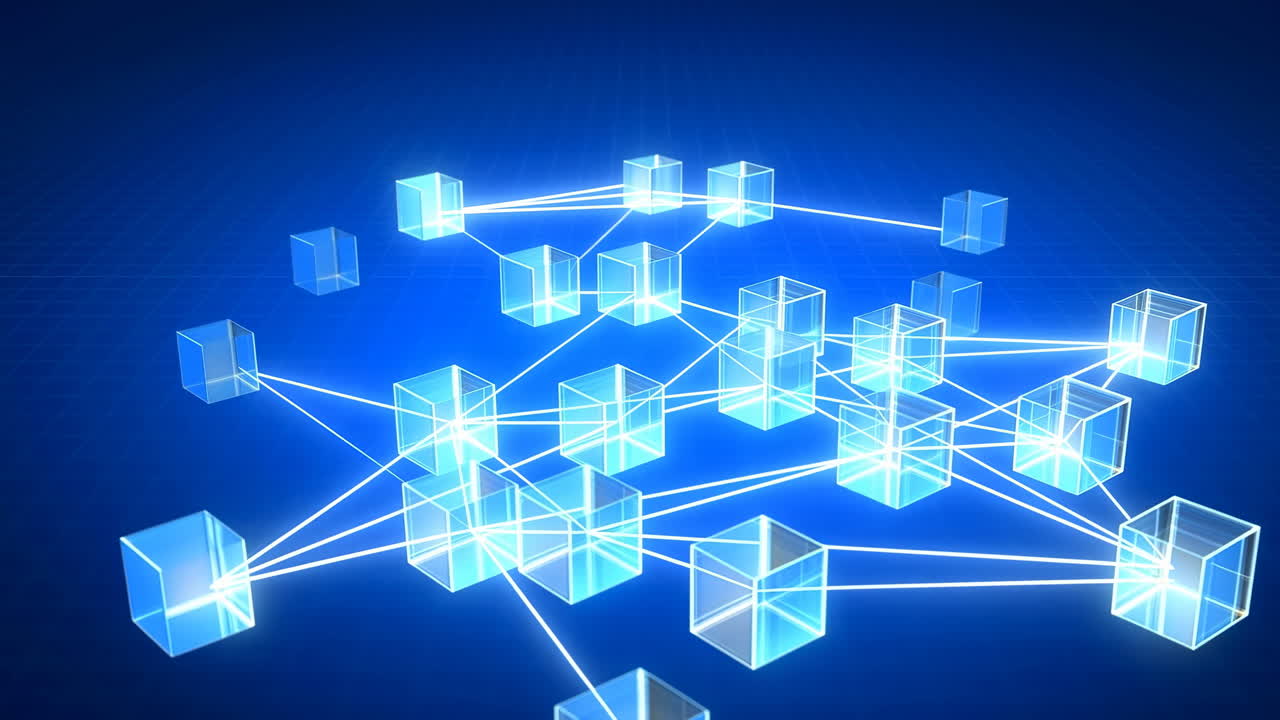 Glowing Cubes Forming Connected Network Grid Bright Blue Links, Translucent Nodes, Flowing Data Paths,