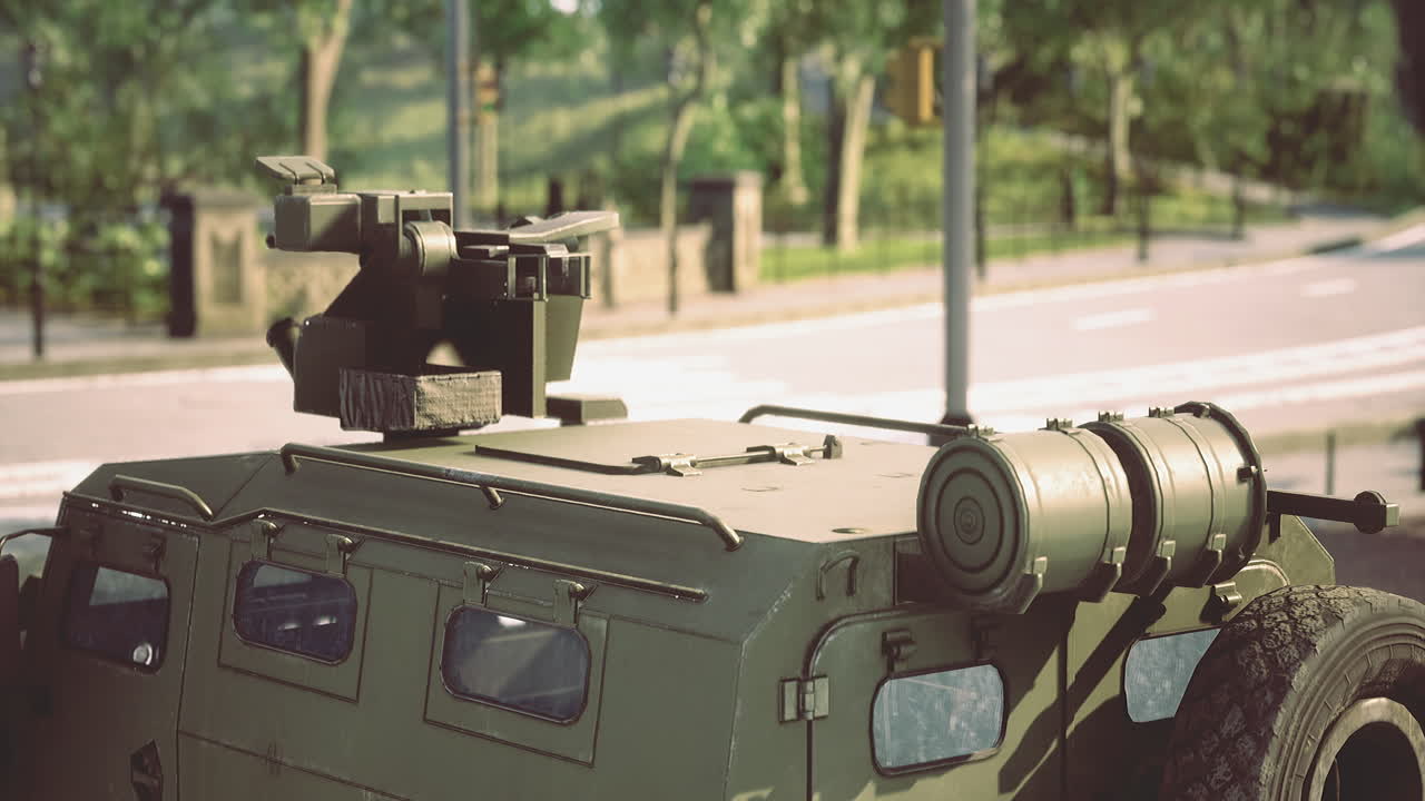 Military vehicle on patrol in a peaceful urban setting with greenery
