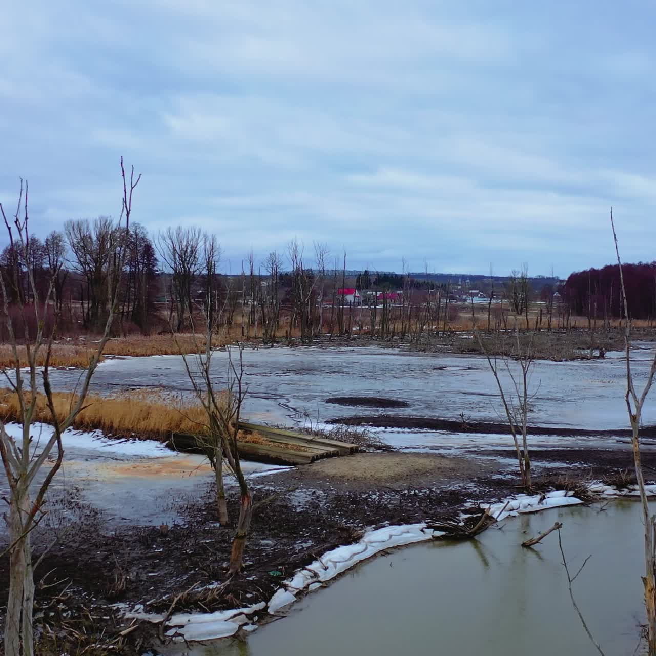 Natural ecology disaster. Dirty water in the river. Dark nature caused by pollution of the environment. Climate change and ecology