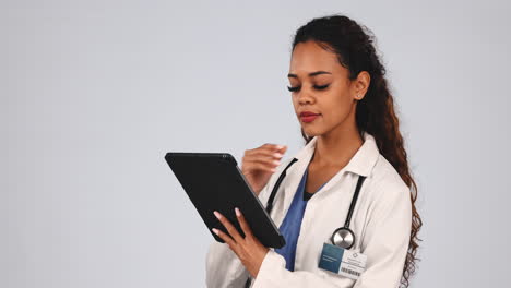 Doctor, woman thinking and tablet for healthcare