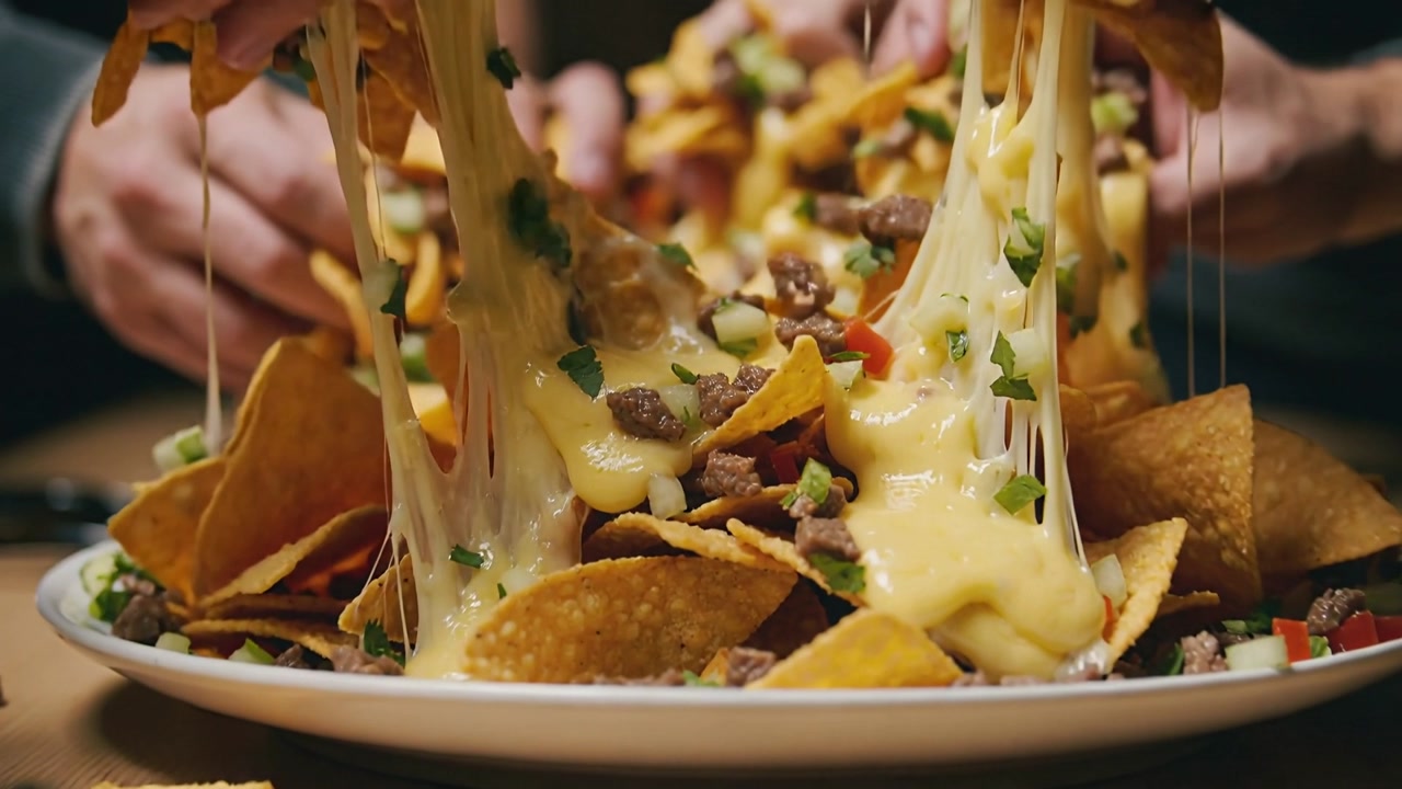 Grabbing several hands pulling melted cheese from white plate of chips on wooden table, sharing
