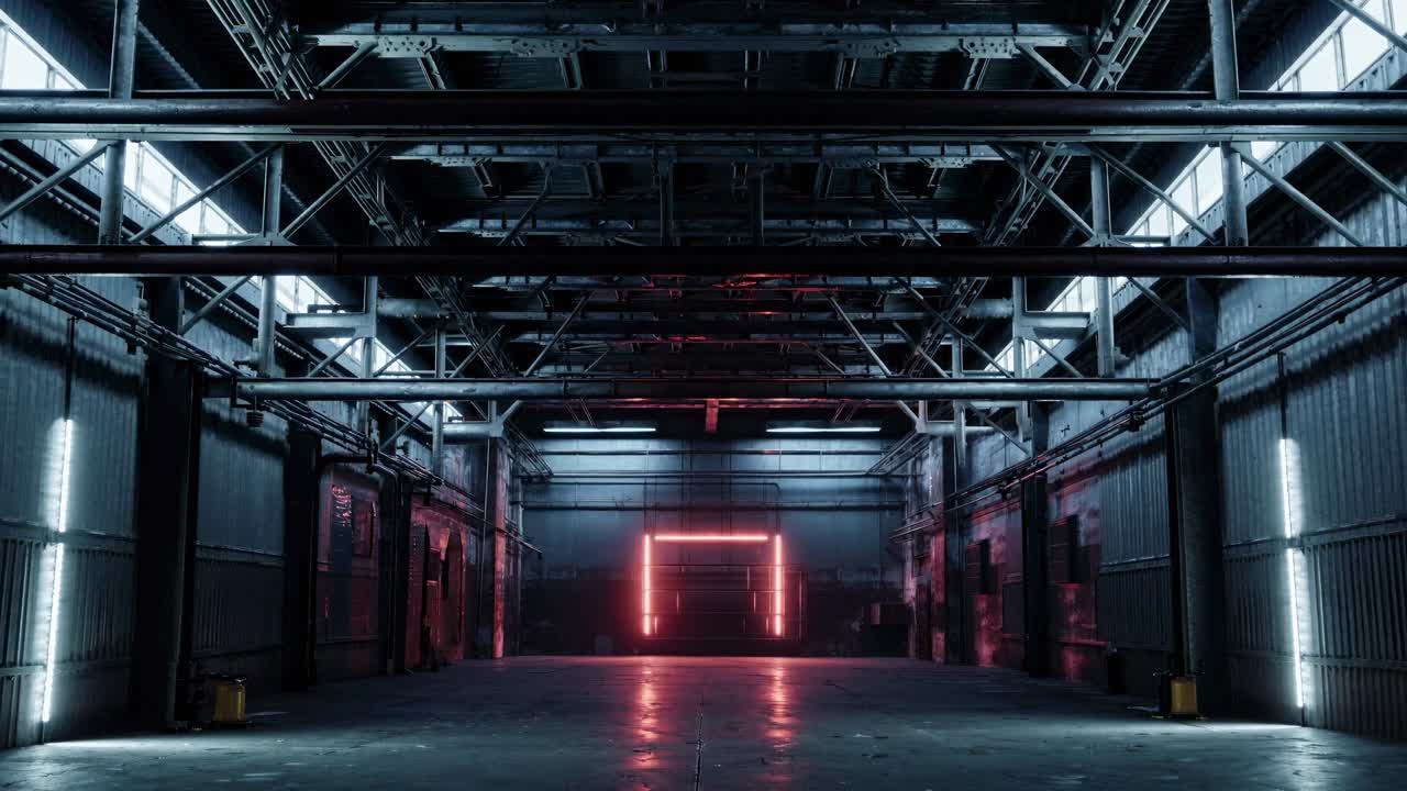 Wide-angle shot of an industrial warehouse interior, featuring high ceilings and metal beams