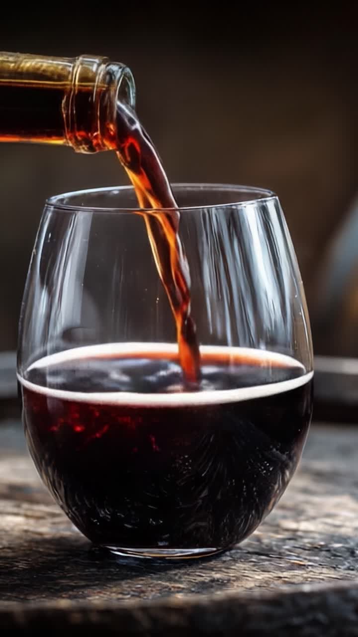 Primo piano di una bevanda scura e frizzante versata in un bicchiere cristallino, che cattura le tonalità intense e le texture di una perfetta esperienza di bevanda rinfrescante