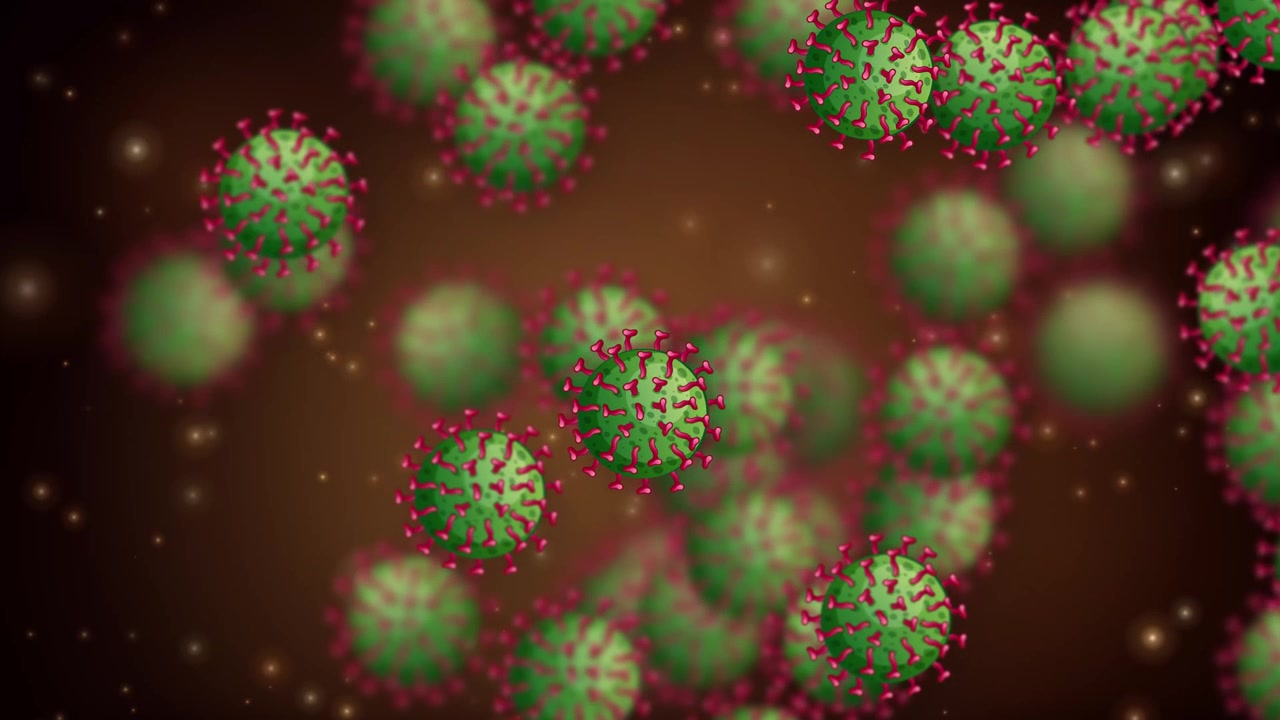 Green spherical virus cells drift slowly through a dark space with glowing particles and bokeh.