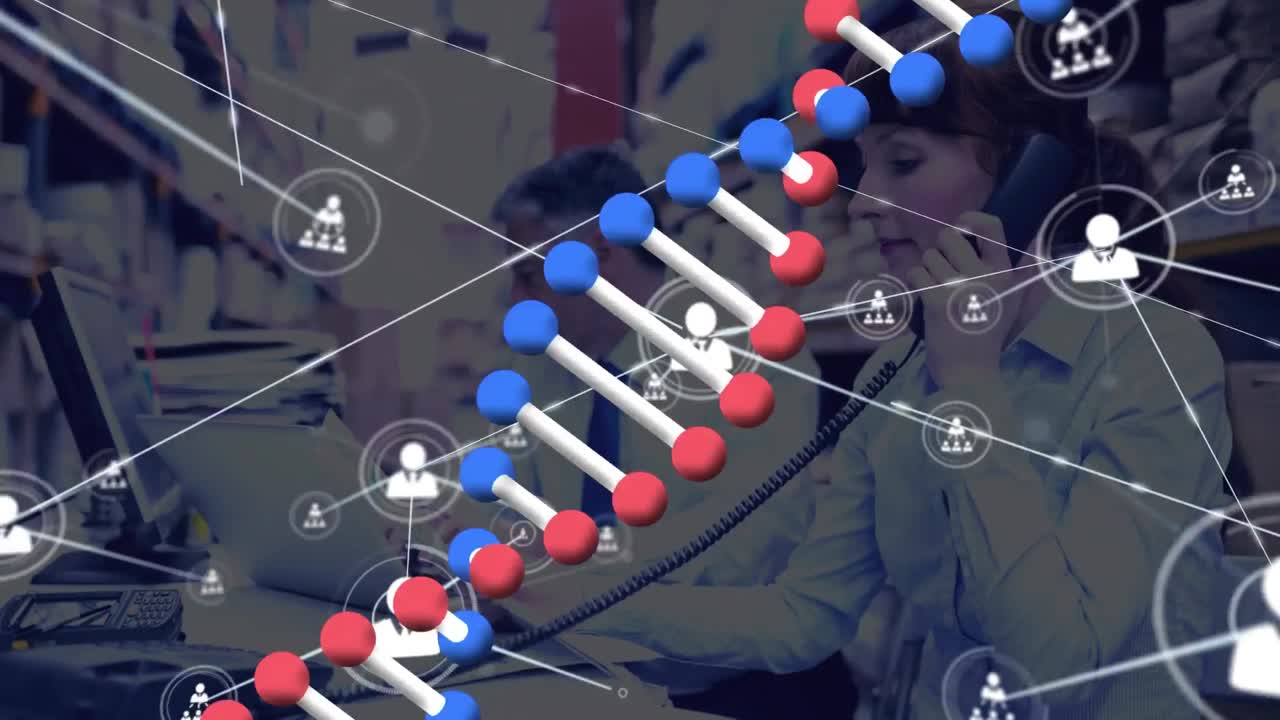 dna 헬릭스의 애니메이션, 코카시안 여성 매니저가 창고에서 전화로 이야기하는 연결된 아이콘