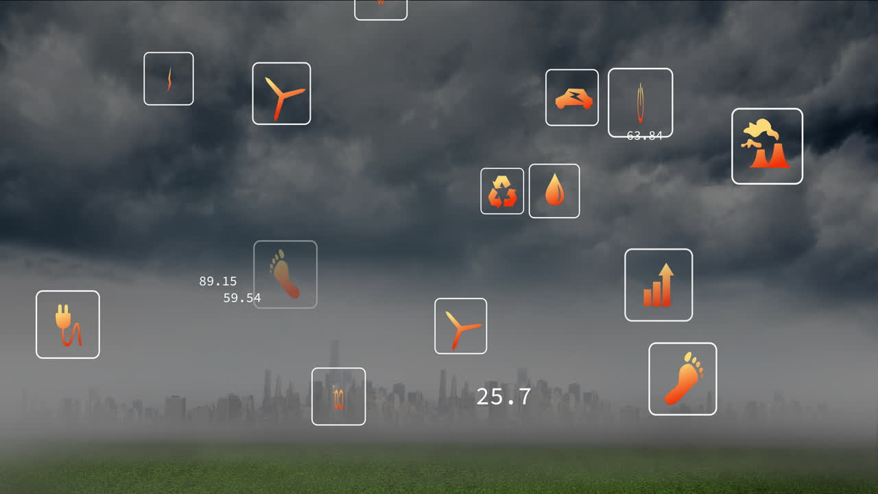 Animation of weather icons and data overlaying cloudy cityscape with green foreground