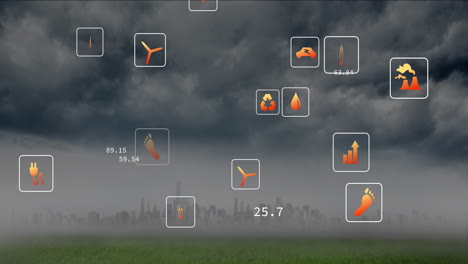 animation of weather icons and data overlaying cloudy cityscape with green foreground