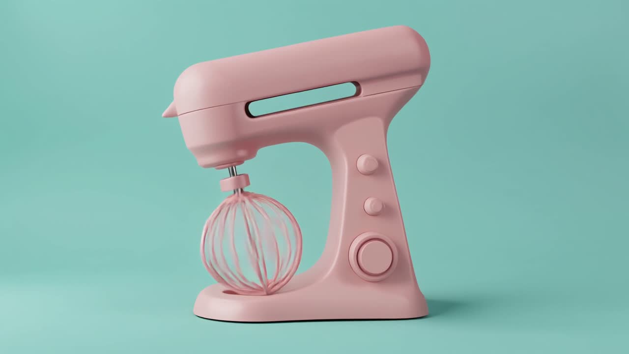 Modern Pink Stand Mixer with Whisk Attachment on Teal Background