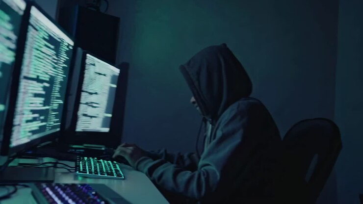 Una scena video scarsamente illuminata di una figura incappucciata a un computer, ripresa da un angolo laterale