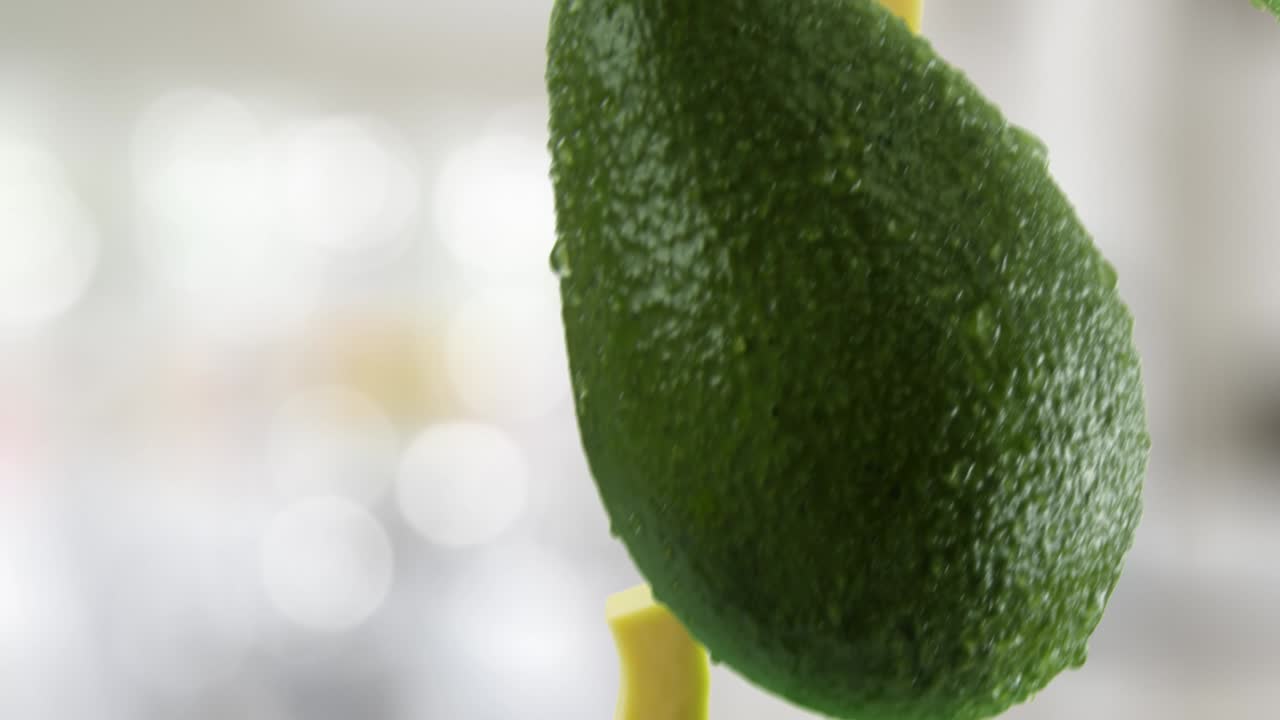 Avocado with Slices Falling on Kitchen Background