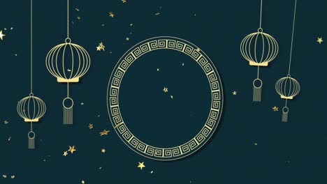 animation of chinese traditional decorations and stars on dark background