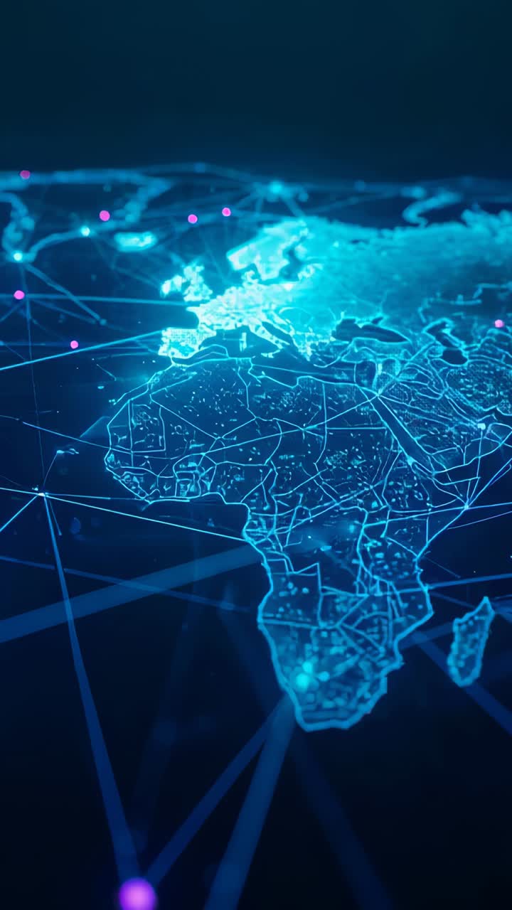 Vertical video: Tilting camera showing Africa and Europe holo in void, pulsing nodes sending data