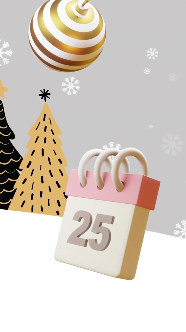 Calendário com o número 25, bolas de Natal, presentes e bengalas doces sobre uma cena de inverno com neve e árvores