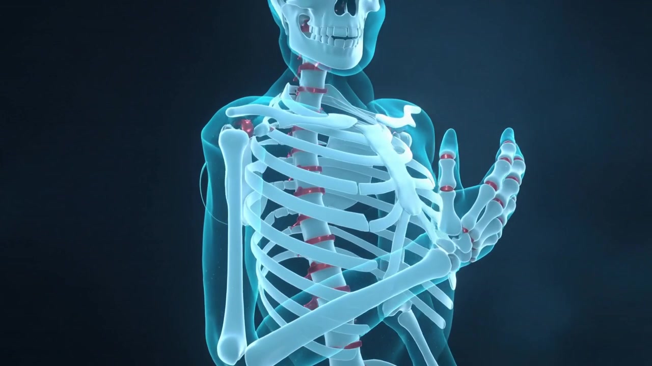 Scheletro che ruota tramite spostamento del frame, muovendo la mano destra sul cuore nel rendering per mostrare le articolazioni rosse
