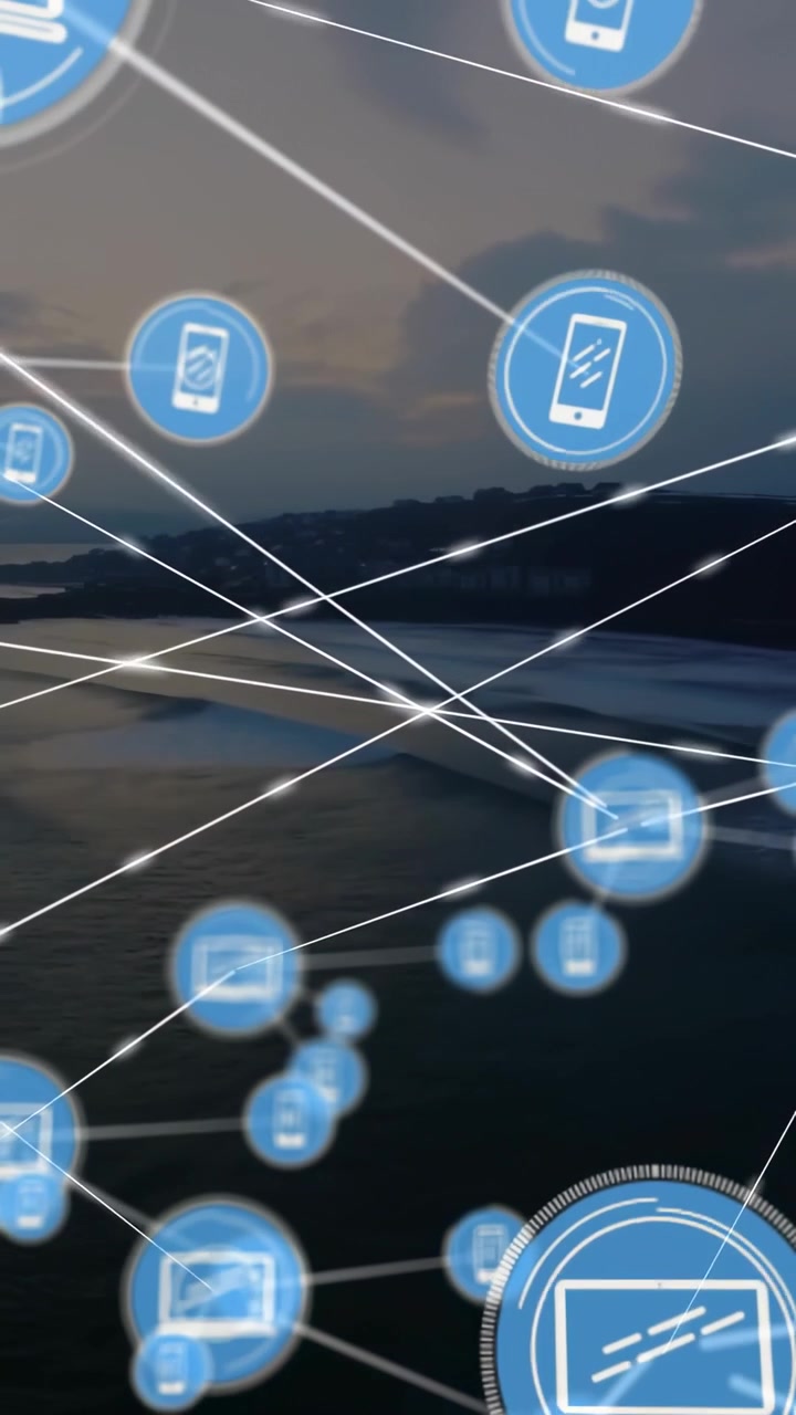 Video verticale: Nodo laptop che emerge dal mare, inviando nodi che collegano linee bianche formando una rete tecnologica.