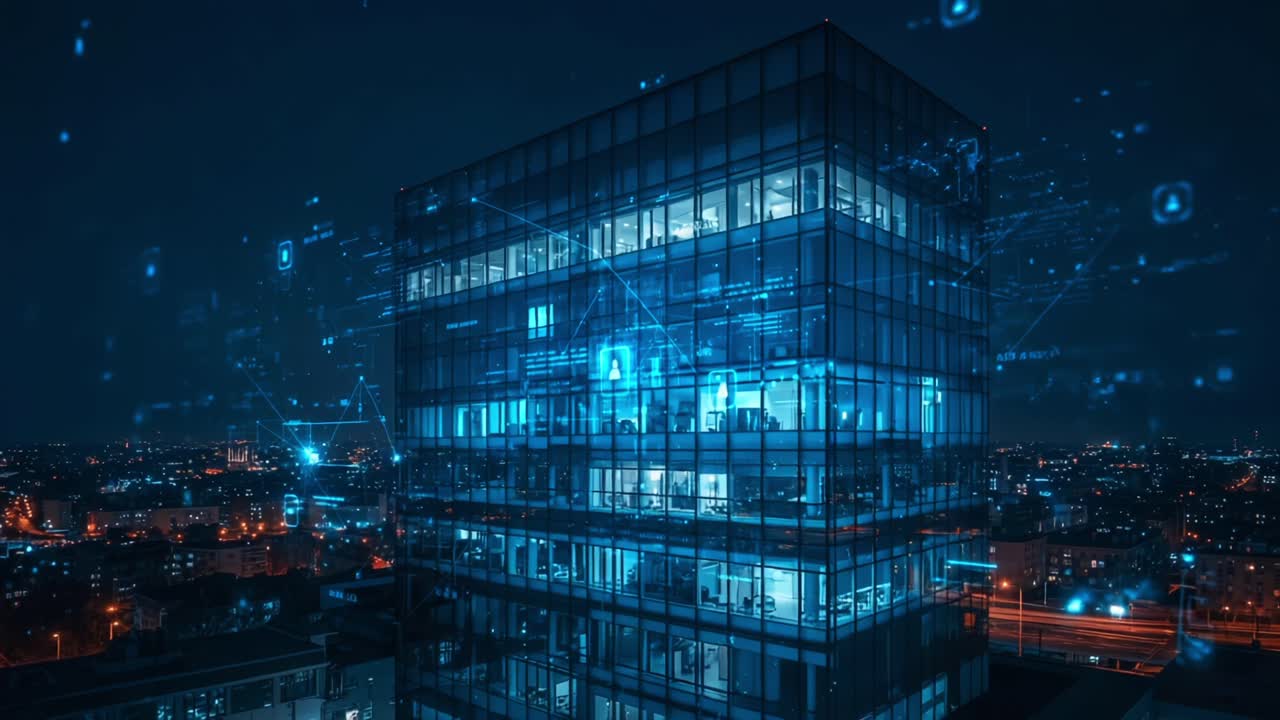 A Dynamic Night Cityscape Showcasing a Modern Glass Building Illuminated by Futuristic Digital Projections and Connectivity Graphics in the Urban Landscape