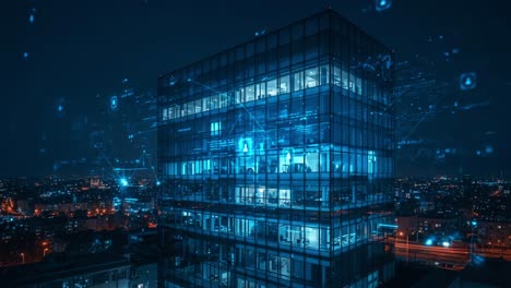 a dynamic night cityscape showcasing a modern glass building illuminated by futuristic digital projections and connectivity graphics in the urban landscape