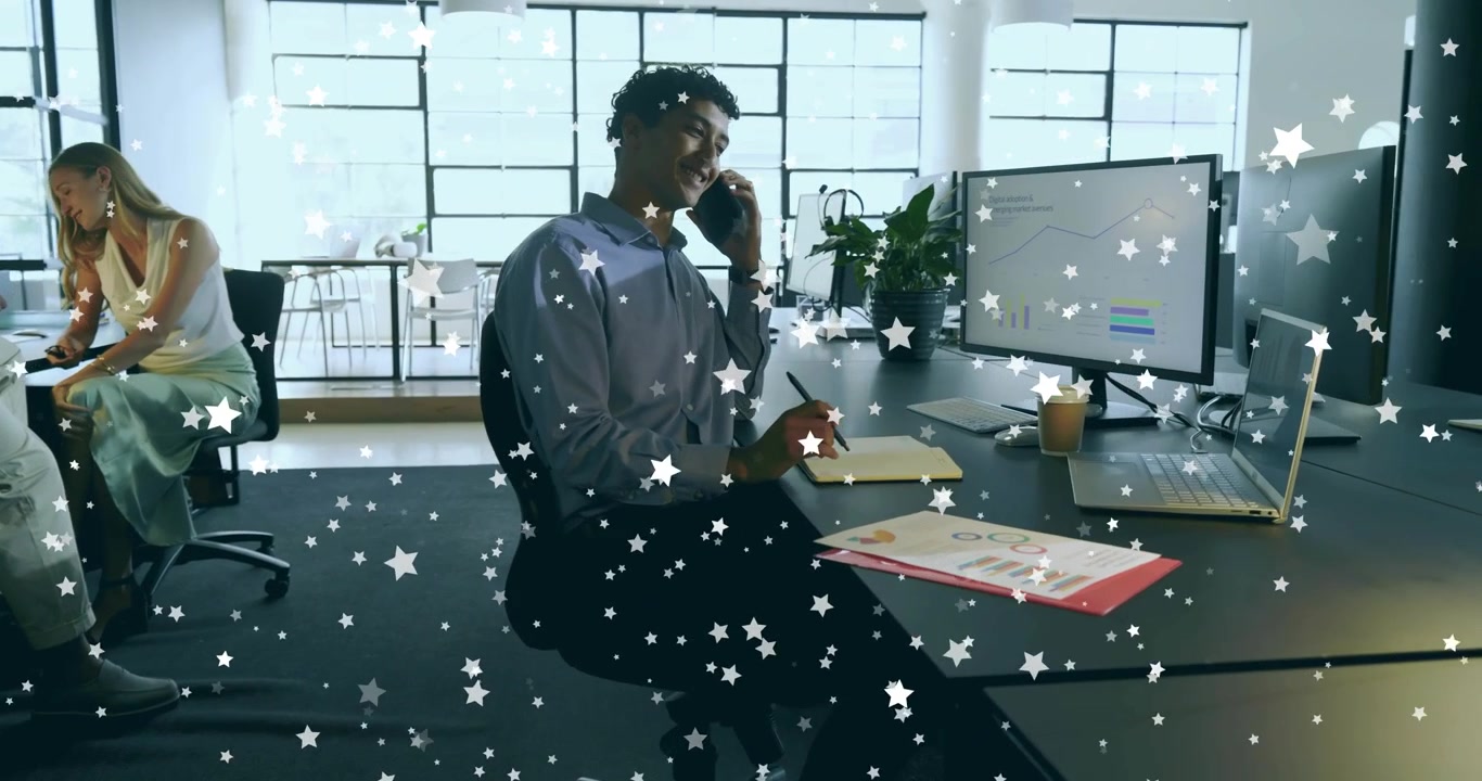 Ringtone sounding agent answering sales call noting details while star overlay animating charts