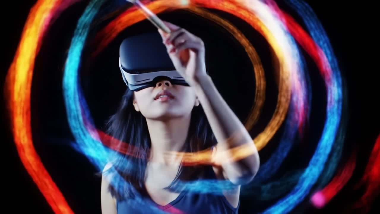 Esplorando regni creativi: Un giovane artista immerso nella realtà virtuale, usando un pennello per dare vita all'arte digitale colorata in un coinvolgente ambiente VR