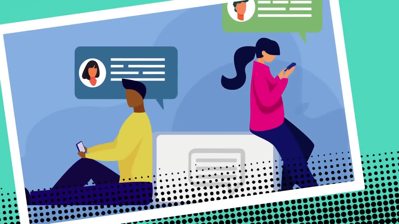 Digital animation of man and woman icons using smartphone against blue background