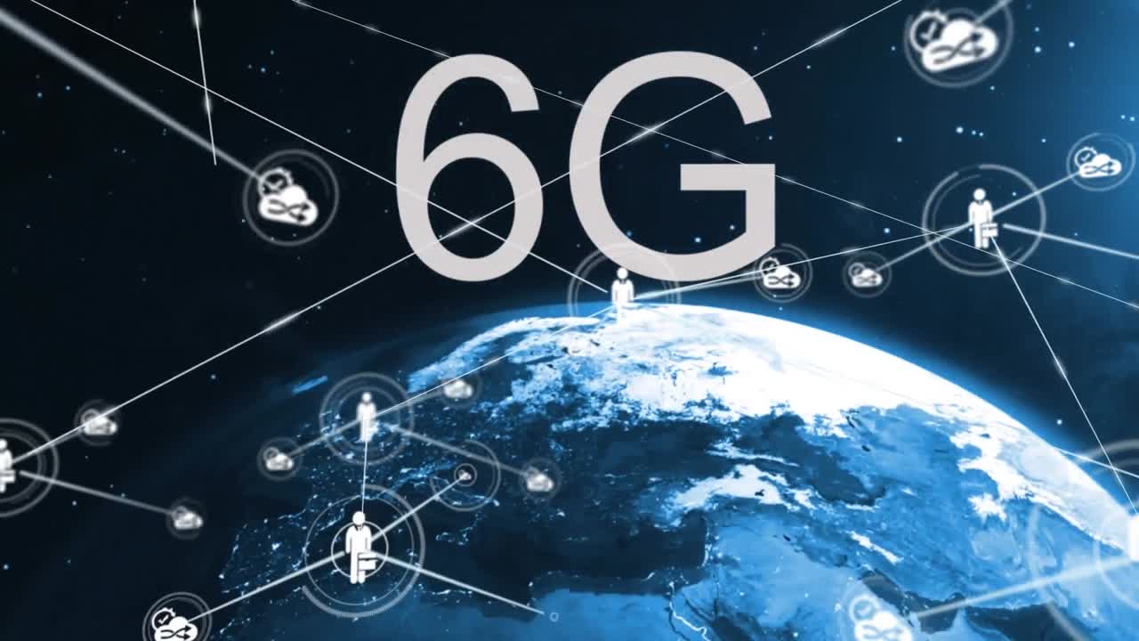 animación de una red de iconos digitales en todo el mundo contra un fondo negro