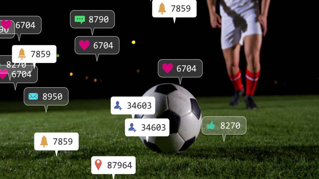 Animation of soccer player approaching ball with social media notifications on field