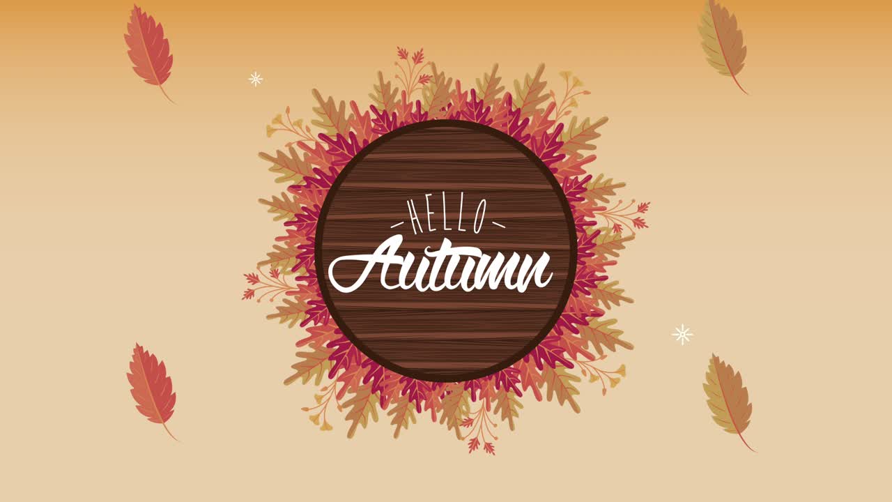 hello autumn lettering with circle frame and leafs pattern