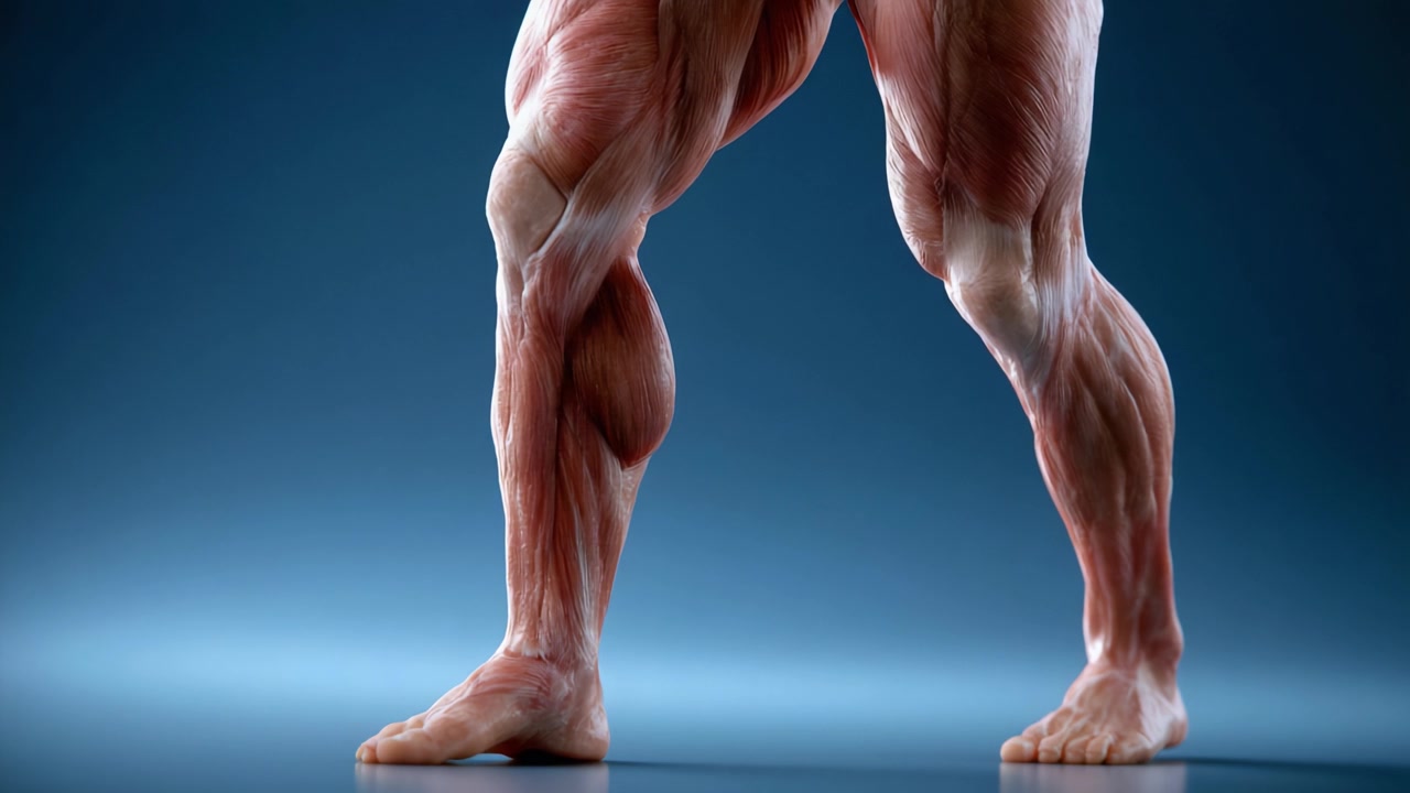 Detailní render svalnatých nohou předvádějící anatomii, strukturu a vaskularitu v dynamické póze, zdůrazňující složitost lidské postavy