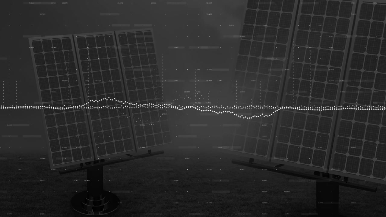 Animation, der afslører to solpaneler, med en bølgeform, der oscillerer over netdata, hvilket indikerer energiforskydninger.
