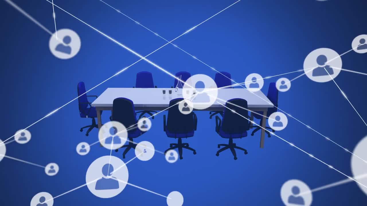 animación de la red de conexiones con iconos sobre la oficina