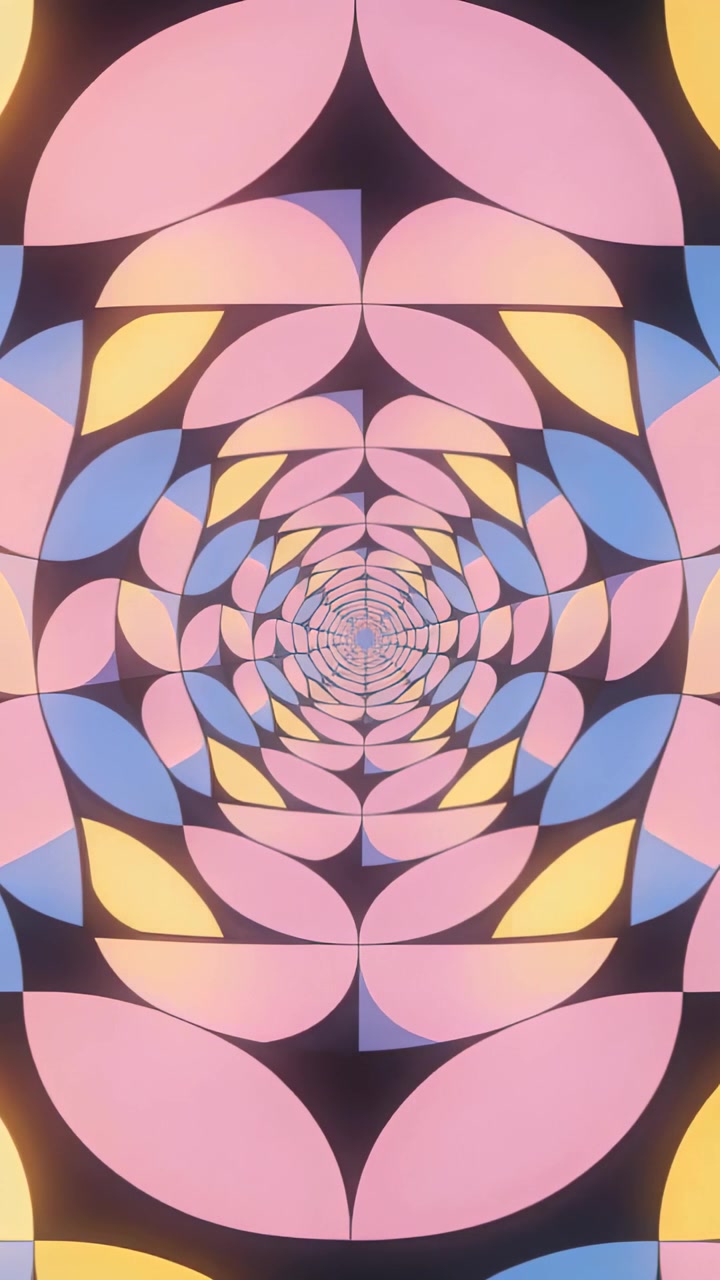 Video verticale: Caleidoscopio in loop che si muove verso l'interno su uno schermo alto, formando un tunnel con anelli a petalo.
