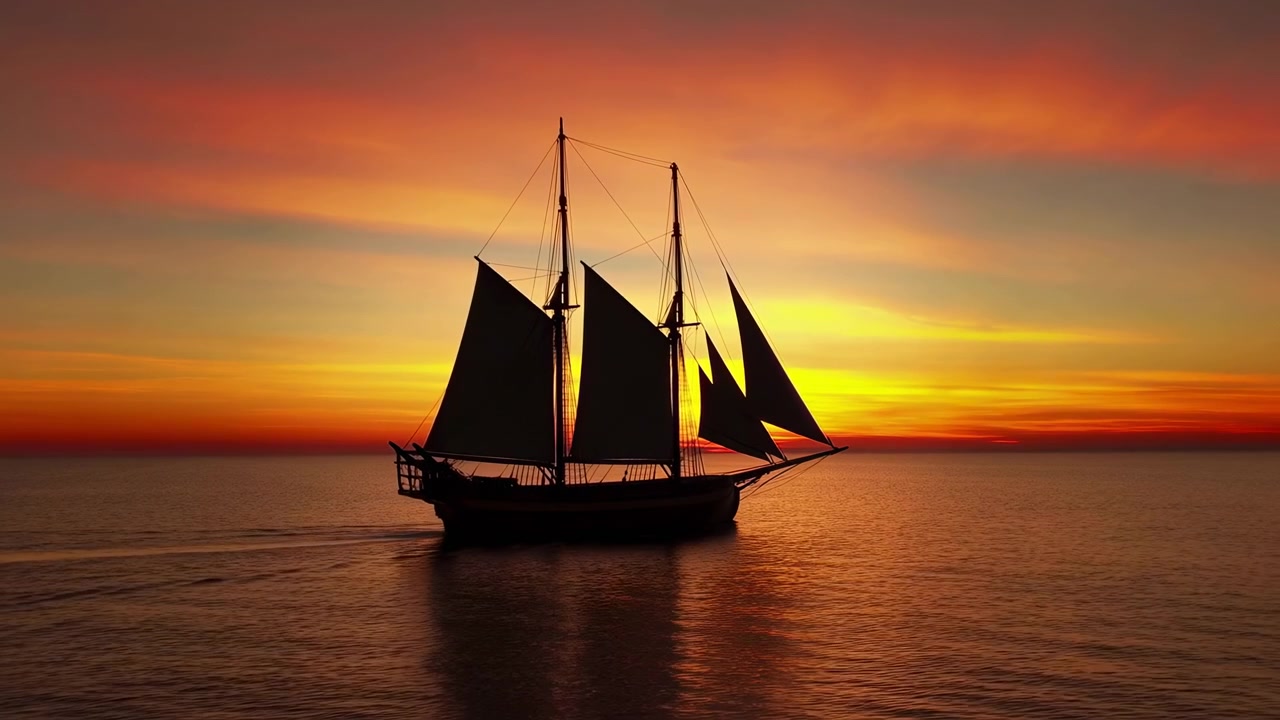 Veliero classico si muove in silhouette sull'acqua calma dell'oceano al tramonto, con alti alberi, vele scure, orizzonte luminoso, nuvole vivide e onde riflettenti che creano un'atmosfera serale marittima drammatica