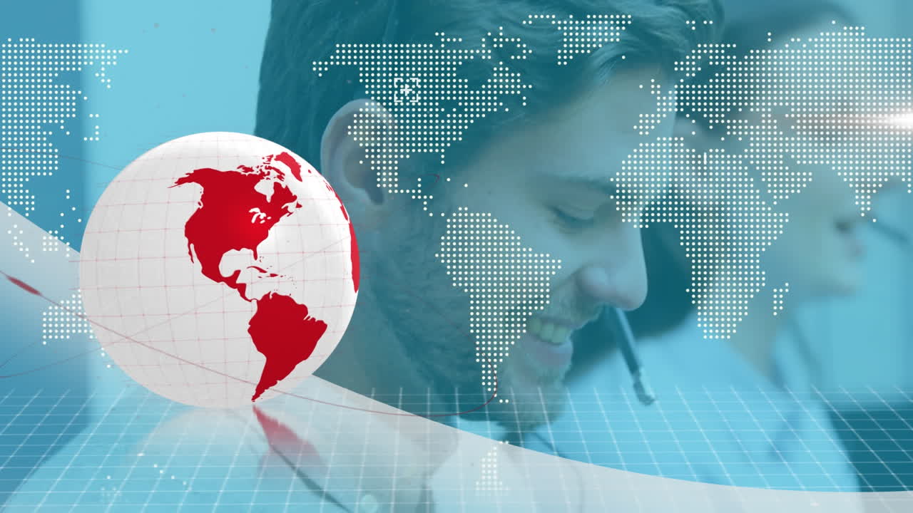 animación del globo, redes de conexiones sobre personas de negocios que usan auriculares telefónicos