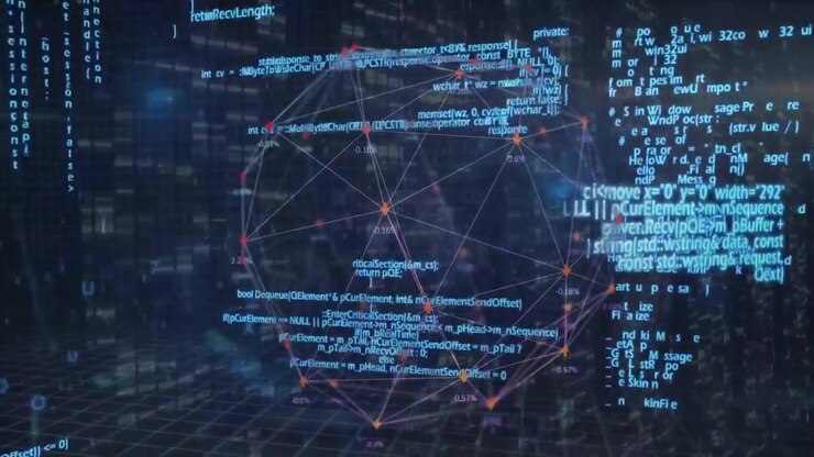Animation of connected icons forming globe over lens flare and programming language