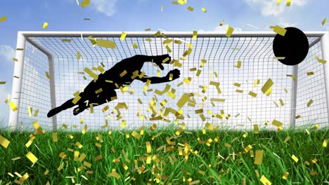 confeti dorado cayendo sobre la silueta del portero haciendo un salvamento en el campo de fútbol