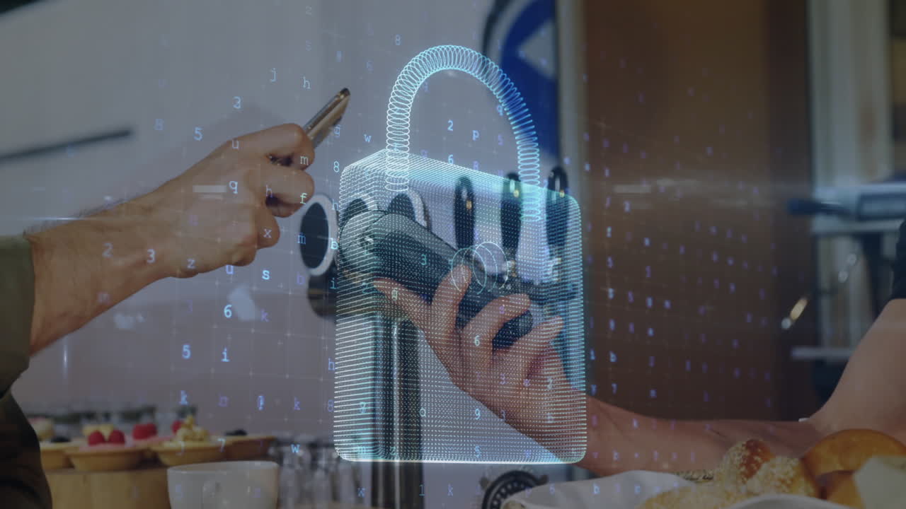 animación del candado de seguridad de la red sobre las personas que utilizan el terminal de pago