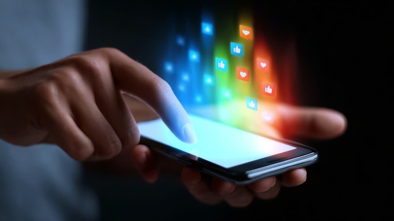 Engaging Digital Interaction: A Close-Up of a Hand Using a Smartphone to Access Social Media Reactions with Colorful Notifications Hovering Above the Screen