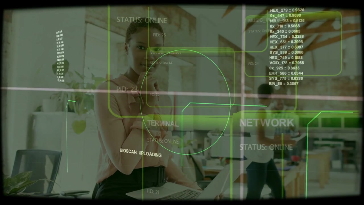 HUD activating, foreground woman holding laptop and phone, scanning papers while verifying BIOSCAN