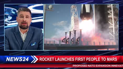 split screen tv news live report: anchor talks. reportage montage: space travel, successful rocket launch with astronaut, control room celebrating. television program channel playback. luma matte