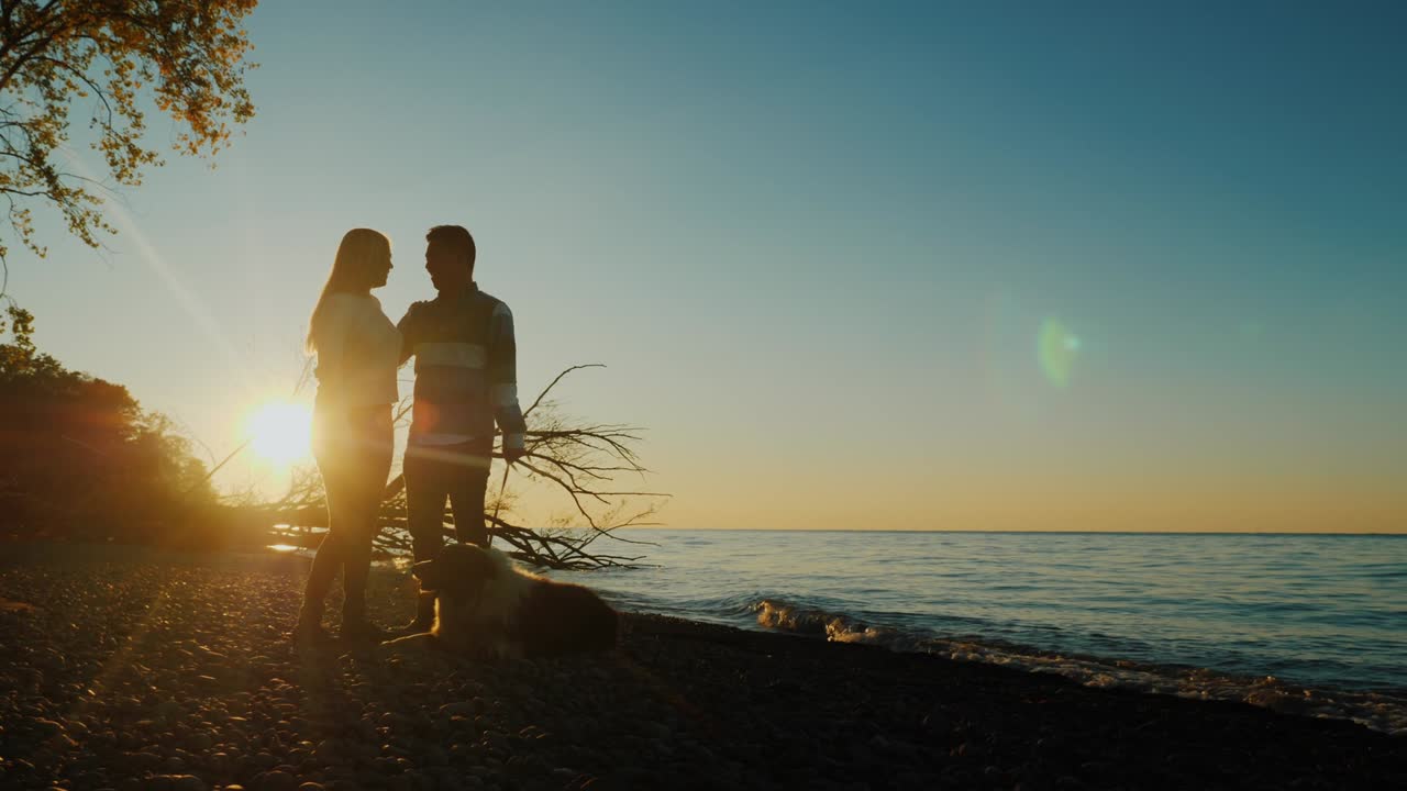 una coppia innamorata al tramonto. vicino al loro cane, i raggi del sole sono splendidamente santificati da dietro