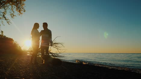 a loving couple at sunset. near their dog, the sun's rays are beautifully sanctified from behind