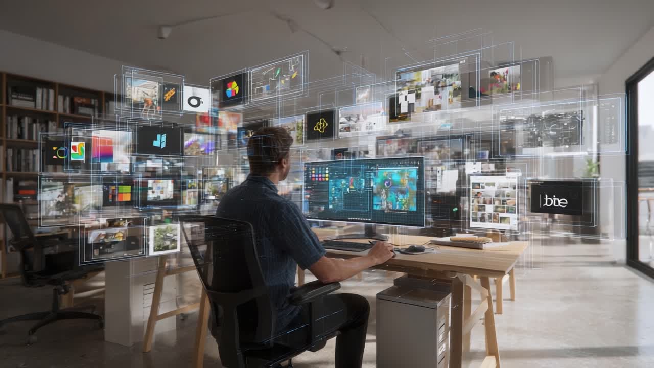 Un profesional creativo que utiliza herramientas avanzadas de medios digitales en un espacio de trabajo contemporáneo: mostrando un enfoque futurista de la multitarea y la edición visual mediante interfaces de alta tecnología.