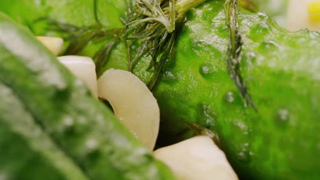 close-up of fermented cucumbers with garlic and dill on plate. preservation of vegetables in glass jars. fermentation preserved cucumbers with spices. russian cuisine.