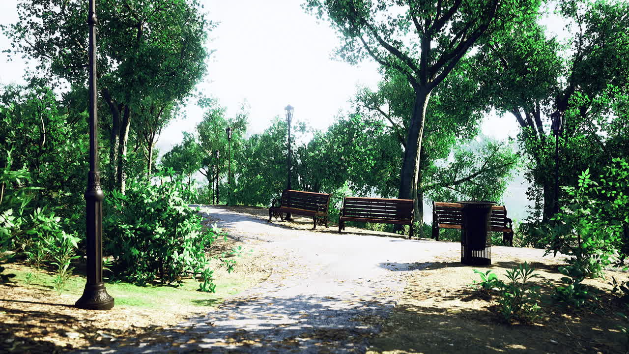 Serene park pathway with benches and greenery during daylight hours
