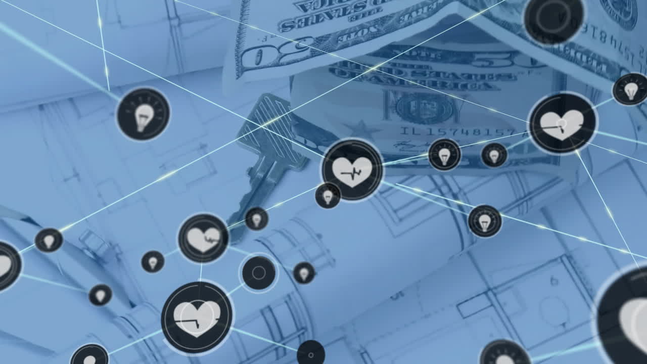 건축가의 그림 위에 연결 네트워크와 달러 지폐의 애니메이션