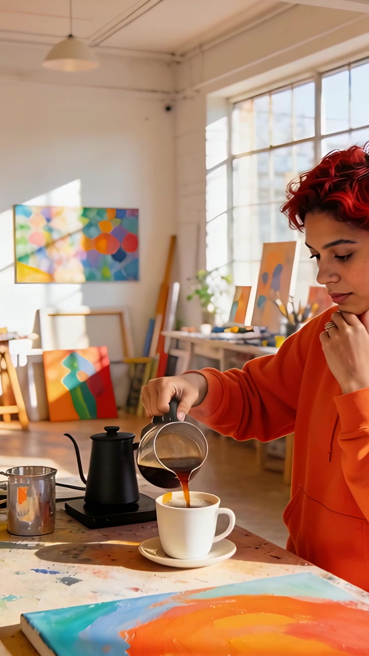 Video verticale: Pittore con felpa con cappuccio che versa caffè in studio, controlla, tiene una caraffa di vetro, spazio per il testo