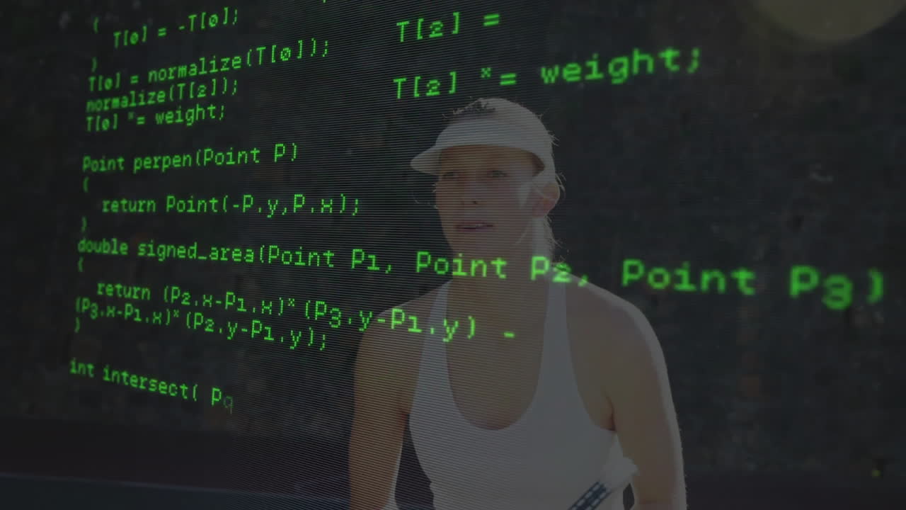 woman fencer wearing mask and holding epee in technology hall, with interactive green code overlay