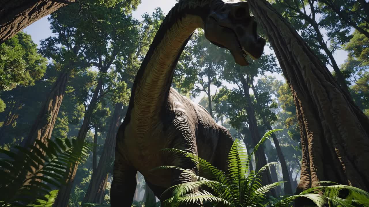 Un maestoso dinosauro in una foresta lussureggiante, ripreso dal basso, che crea un'atmosfera immersiva e cinematografica.